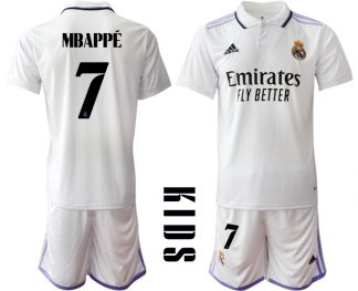 Mbappé 7 Kinder Heimtrikot Real Madrid Home Trikot weiß lila 2022/23 Günstige Fussballtrikot