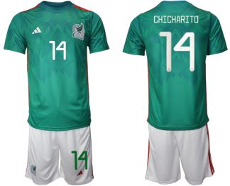 Günstige Mexiko Heimtrikot WM 2022 Trikotsatz Grün Kurzarm + weiß Kurze Hosen CHICHARITO #14