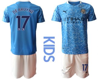Kinder Manchester City Heimtrikot 2020-2021 Trikotsatz blau Kurzarm + weiß Kurze Hosen DE BRUYNE #17