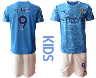 Kinder Manchester City Heimtrikot 2020-2021 Trikotsatz blau Kurzarm + weiß Kurze Hosen G.JESUS 9