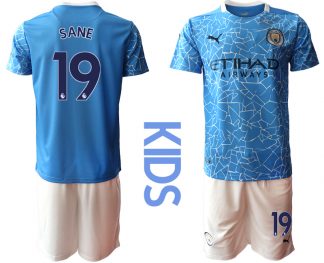 Kinder Manchester City Heimtrikot 2020-2021 Trikotsatz blau Kurzarm + weiß Kurze Hosen SANE #19