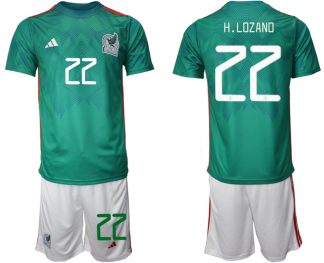 Mexiko Heimtrikot WM 2022 Trikotsatz Grün Kurzarm + weiß Kurze Hosen H.LOZANO #22