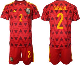 Spanien Heimtrikot WM 2022 Rot Trikotsatz Kurzarm + Kurze Hosen mit Aufdruck CARVAJAL 2