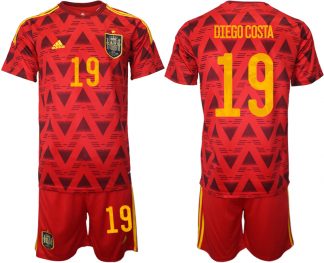 Spanien Heimtrikot WM 2022 Rot Trikotsatz Kurzarm + Kurze Hosen mit Aufdruck DIEGO COSTA 19