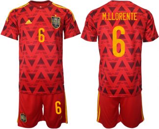 Spanien Heimtrikot WM 2022 Rot Trikotsatz Kurzarm + Kurze Hosen mit Aufdruck M.LLORENTE 6
