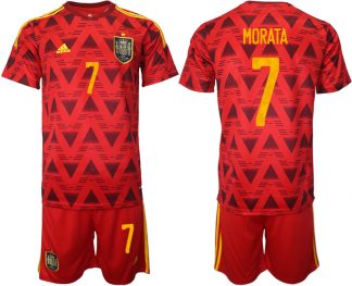 Spanien Heimtrikot WM 2022 Rot Trikotsatz Kurzarm + Kurze Hosen mit Aufdruck MORATA 7