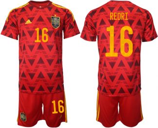 Spanien Heimtrikot WM 2022 Rot Trikotsatz Kurzarm + Kurze Hosen mit Aufdruck REDRI 16
