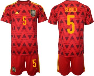 Spanien Heimtrikot WM 2022 Rot Trikotsatz Kurzarm + Kurze Hosen mit Aufdruck SERGIO 5