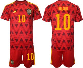 Spanien Heimtrikot WM 2022 Rot Trikotsatz Kurzarm + Kurze Hosen mit Aufdruck THIAGO 10