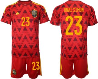 Spanien Heimtrikot WM 2022 Rot Trikotsatz Kurzarm + Kurze Hosen mit Aufdruck UNAI SIMON 23