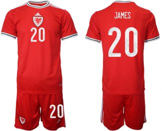 Wales Heimtrikots 2022 rot Trikotsatz Kurzarm + Kurze Hosen JAMES #20