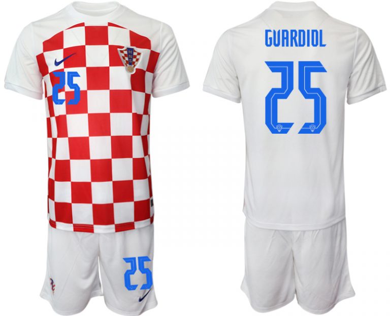 Herren Kroatien Heimtrikot WM-2022 weiß Rot Kaufen Kurzarm + Kurze Hosen GVARDIOL #25