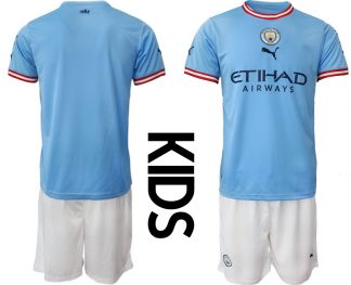 Kinder Manchester City FC 2022/23 Heimtrikots blau Kurzarm + weiß Kurze Hosen