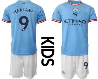 Kinder Manchester City FC 2022/23 Heimtrikots blau Kurzarm + weiß Kurze Hosen HAALAND 9