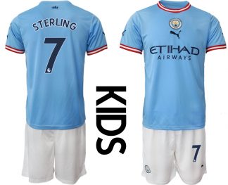 Kinder Manchester City FC 2022/23 Heimtrikots blau Kurzarm + weiß Kurze Hosen STERLING 7