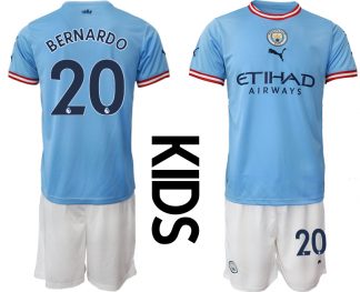 Kinder Manchester City FC 2022/23 Heimtrikots blau weiß Trikotsatz mit Aufdruck BERNARDO 20