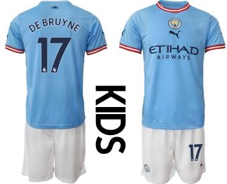 Kinder Manchester City FC 2022/23 Heimtrikots blau weiß Trikotsatz mit Aufdruck DE BRUYNE 17