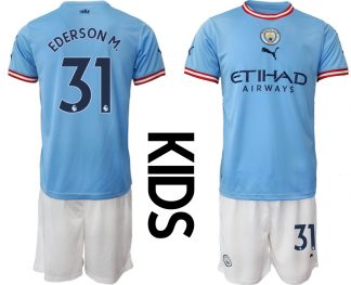 Kinder Manchester City FC 2022/23 Heimtrikots blau weiß Trikotsatz mit Aufdruck EDERSON M.31