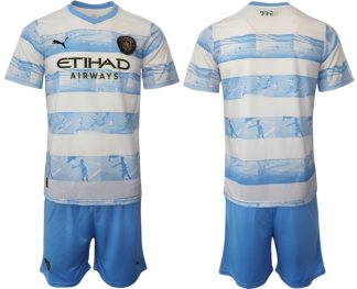 Manchester City Aufwärmtrikot 2022/2023 weiß blau Kurzarm + Kurze Hosen