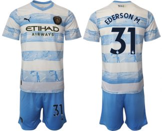 Manchester City Aufwärmtrikot 2022/2023 weiß blau Kurzarm + Kurze Hosen EDERSON M.31