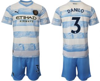 Manchester City Aufwärmtrikot 2022/2023 weiß blau Trikotsatz mit Aufdruck DANILO 3