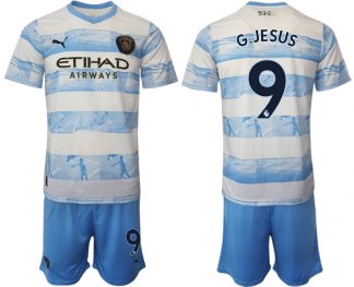 Manchester City Aufwärmtrikot 2022/2023 weiß blau Trikotsatz mit Aufdruck G.JESUS 9