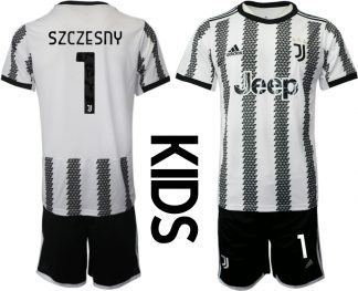 Neues Kinderheim Juventus FC 2022-23 Trikot Schwarz Weiß Trikotsatz mit Aufdruck SZCZESNY 1