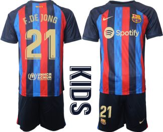 FC Barcelona Kinderheim Trikot 2022/23 Navy Blau Fußballtrikots Set mit Aufdruck F.DE JONG 21