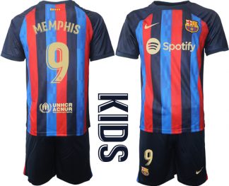 FC Barcelona Kinderheim Trikot 2022/23 Navy Blau Fußballtrikots Set mit Aufdruck MEMPHIS 9