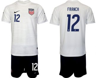 Herren USA Heimtrikot WM 2022 Weiß Schwarz Fußballtrikots Set mit Aufdruck FRANCH 12
