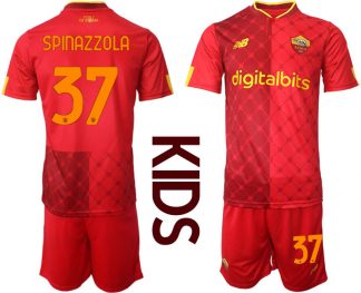 Kinder AS Roma 2022/23 Heimtrikot Rot Trikotsatz Kurzarm + Kurze Hosen mit Aufdruck SPINAZZOLA 37