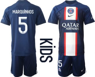 Kinder Paris Saint Germain PSG Heimtrikots 2022-2023 Blau Kurzarm + Kurze Hosen MARQUiNHOS 5