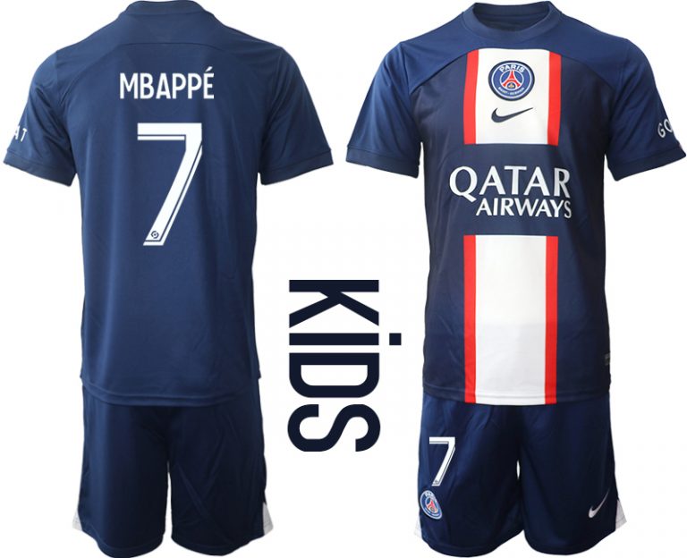 Kinder Paris Saint Germain PSG Heimtrikots 2022-2023 Blau Trikotsatz Kaufen MBAPPÉ 7