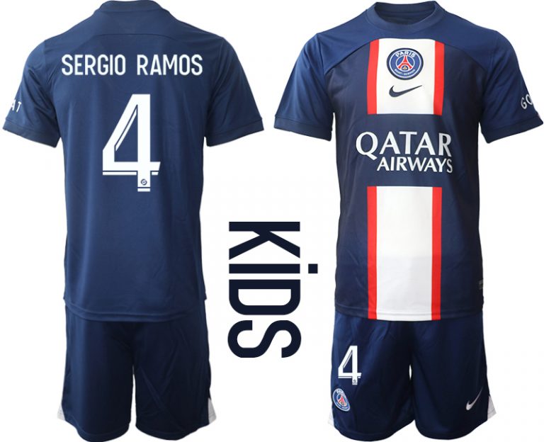 SERGIO RAMOS 4 Kinder Paris Saint Germain PSG Heimtrikots 2022-2023 Blau Kurzarm + Kurze Hosen