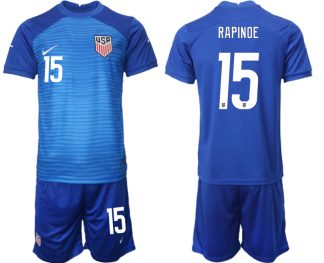 United States Auswärtstrikot WM 2022 blau USA Trikots Kurzarm + Kurze Hosen Bestellen mit Aufdruck RAPINOE 15