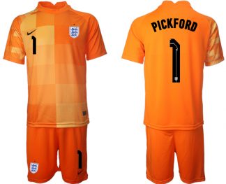 England Torwarttrikot World Cup 2022 Orange Trikotsatz Kurzarm + Kurze Hosen PICKFORD 1
