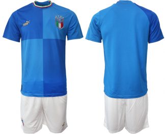 Italien EURO 2022 Heimtrikots blau Kurzarm + weiß Kurze Hosen