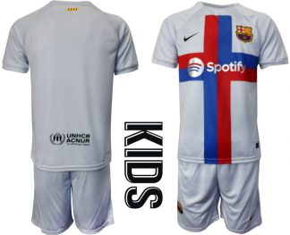 Kinder FC Barcelona 2022-2023 drittes Fußballtrikot weiß Kurzarm + Kurze Hosen