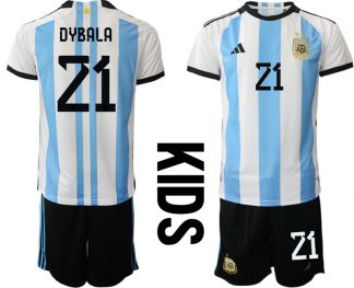 Kinder Fußball Argentinien Heimtrikot WM 2022 weiss blau Trikotsatz DYBALA 21