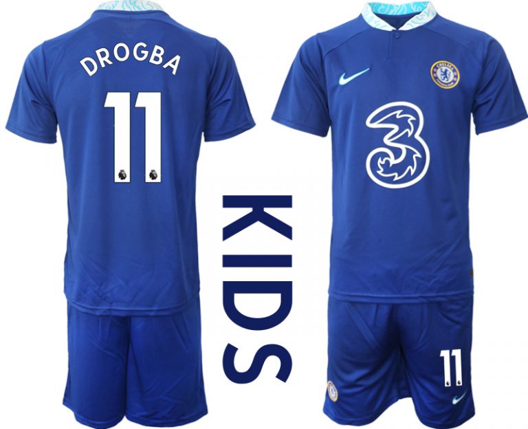 Kinder FußballTrikot Chelsea FC 2022/23 Heimtrikot Blau Kurzarm + Kurze Hosen mit Aufdruck DROGBA 11