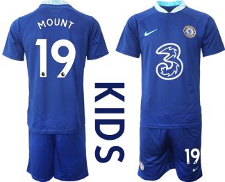 Kinder FußballTrikot Chelsea FC 2022/23 Heimtrikot Blau Kurzarm + Kurze Hosen mit Aufdruck MOUNT 19