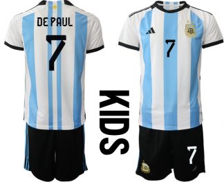 Kinder Heimtrikot Argentinien WM 2022 weiss blau bestellen mit Aufdruck DE PAUL 7