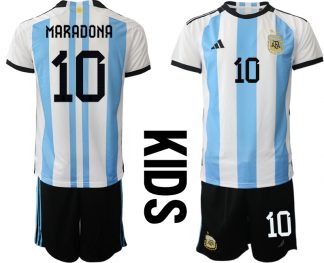 Kinder Heimtrikot Argentinien WM 2022 weiss blau bestellen mit Aufdruck MARADONA 10
