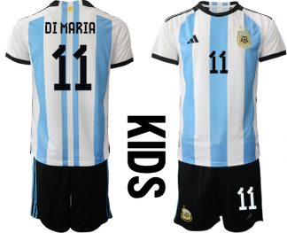 Kinder Heimtrikot Argentinien WM 2022 weiss blau Kurzarm + Kurze Hosen DI MARIA 11