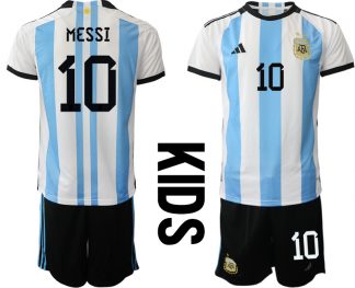 Kinder Heimtrikot Argentinien WM 2022 weiss blau Kurzarm + Kurze Hosen MESSI 10