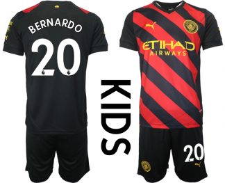 Kinder Manchester City Auswärtstrikot 2022-23 schwarz rot Kurzarm + Kurze Hosen BERNARDO 20