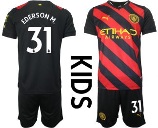 Kinder Manchester City Auswärtstrikot 2022-23 schwarz rot Kurzarm + Kurze Hosen EDERSON M.31