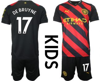 Kinder Manchester City Auswärtstrikot 2022-23 schwarz rot mit Aufdruck DE BRUYNE 17