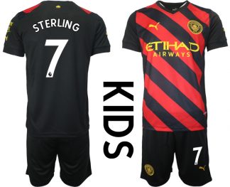Kinder Manchester City Auswärtstrikot 2022-23 schwarz rot mit Aufdruck STERLING 7