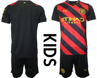 Kinder Manchester City Auswärtstrikot 2022-23 schwarz rot Shirt Online